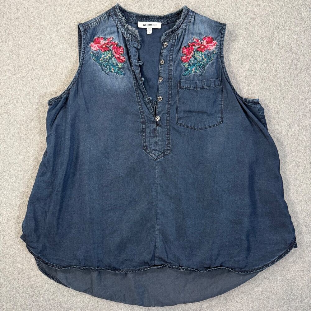 William Rast Denim Sleeveless Top Juniors Small Floral Embroidered Pocket Button